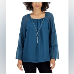 JM Collection Womens Tiered Sleeve Top w/Necklace Medium Teal Evergreen